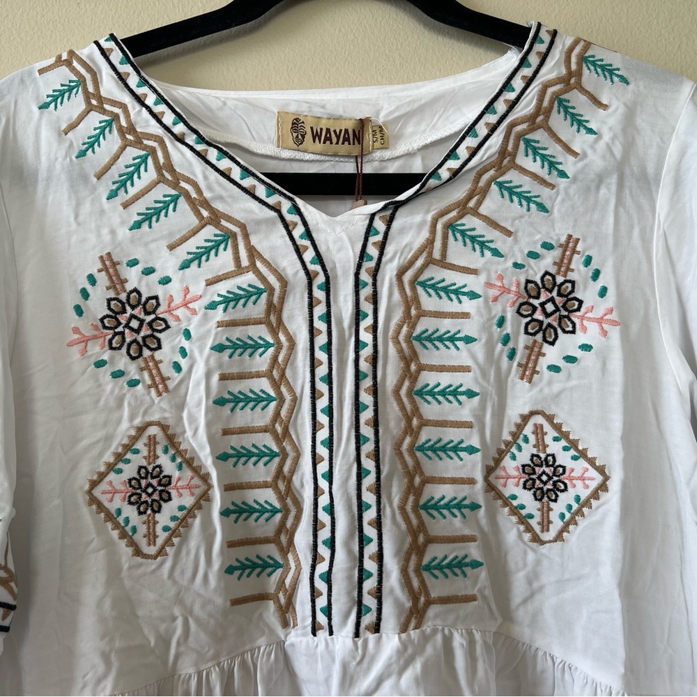 Wayan Natural‎ Wear White Embroidered Tunic Top Women S/M Boho Short Sleeve New